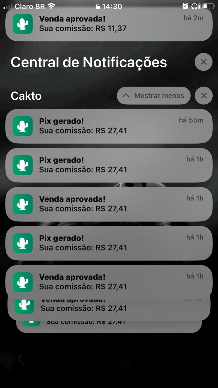 Painel com valor líquido de R$ 967,83 e 163 vendas